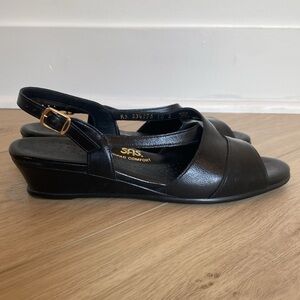 SAS Caress Cross Strap Wedge Black Leather Cushioned Sandal - Womens 10s- 234175